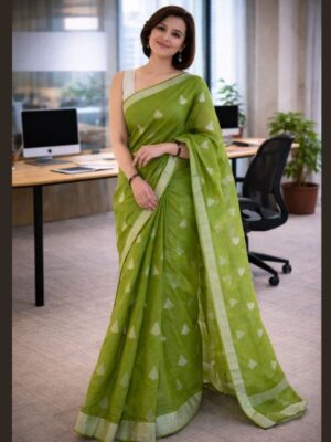 Green cotton silk saree featuring triangular butta motifs