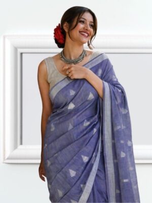 Premium grey cotton silk saree with luxurious butta embroidery
