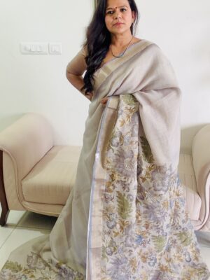 Grey Linen Tissue Saree Pallu Design
