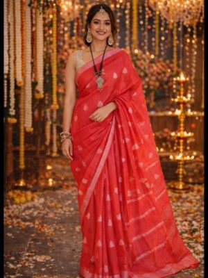 Elegant full length view of luxury red cotton silk saree with delicate woven butta motifs