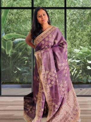 Mauve pink tissue linen saree with Kantha embroidery and small motifs lightweight wedding and office wear saree