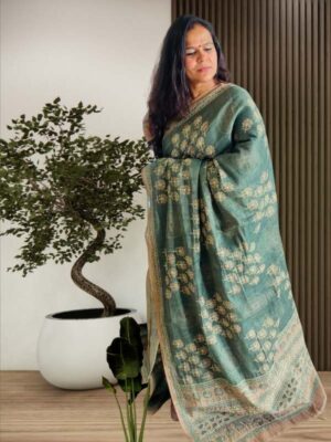 Olive Green tissues linen saree with digital floral print pally