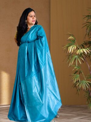 Aqua blue tussar silk saree with vertical zari weaving and tissue pallu lightweight, elegant saree