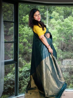 Bottle green tussar silk saree with vertical zari weaving and tissue pallu elegant festive saree