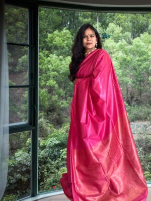 Hot pink tussar silk saree with vertical zari weaving and tissue pallu elegant festive saree