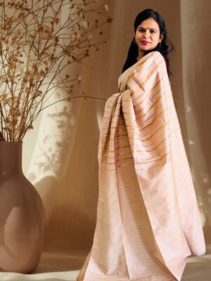 Tussar silk saree with gold and silver vertical lines