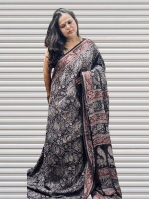 Floral hand block print on black Kalamkari cotton saree