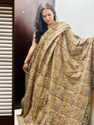 Peacock motif on mustard Kalamkari cotton saree