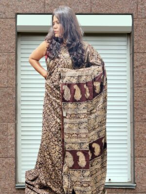 Beige and Brown Kalamkari Cotton Saree festive styling