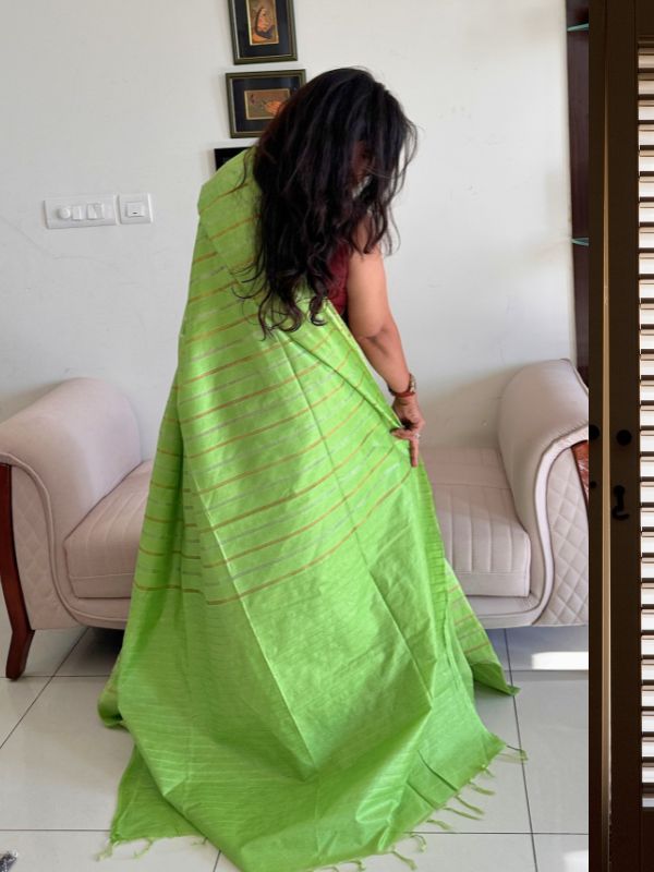 Parrot green Tussar silk saree for festive and evening wear