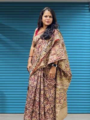 Beige and Maroon Kalamkari Cotton Saree