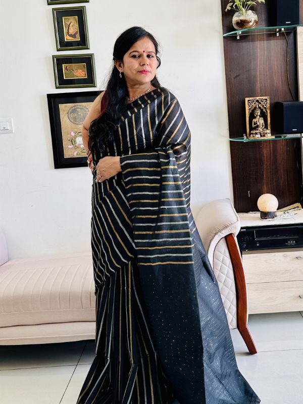 Black Tussar Silk Saree with gold and silver zari