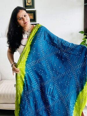 Blue and Green Cotton Bandhani Saree
