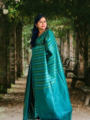 Bottle Green Tussar Silk Saree with Gold & Silver Zari Lines| Orange Hues
