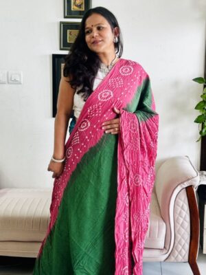 Green and Pink Cotton Bandhani Saree