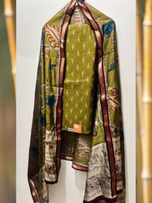 Mehendi Green Kalamkari Cotton Silk Dress Material