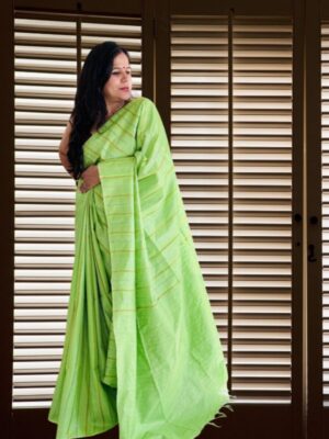 Parrot Green Tussar Silk Saree with gold and silver zari