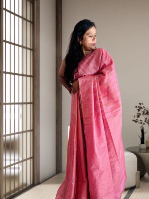 Pink Tussar Silk Saree with gold and silver vertical lines