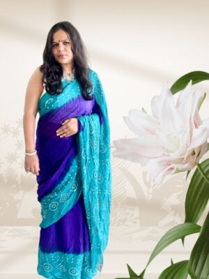 Purple and Aqua Blue Cotton Bandhani Saree
