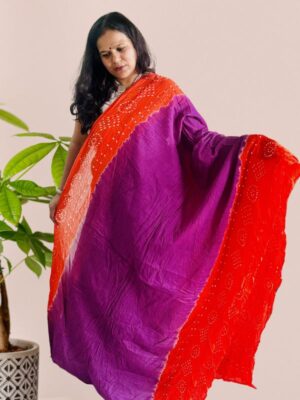 Purple and Red Cotton Bandhani Saree full