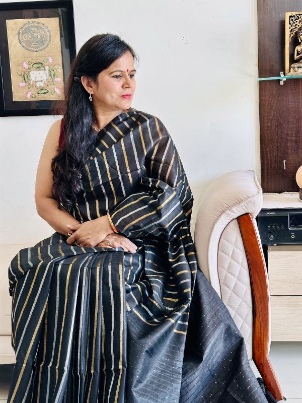 Black Tussar silk saree for festive and evening wear