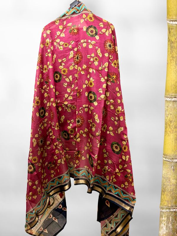 Handcrafted Kalamkari Floral Dupatta with Cotton Silk Dress Material