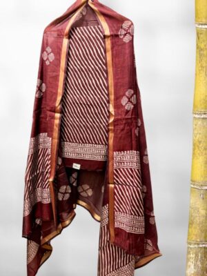 Brown Leheriya Cotton Silk Dress Material
