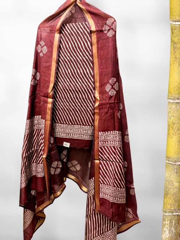 Brown Leheriya Cotton Silk Dress Material
