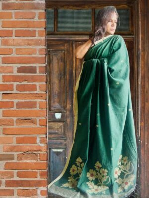 Green Linen Jamdani Saree with beige border and contrast pallu