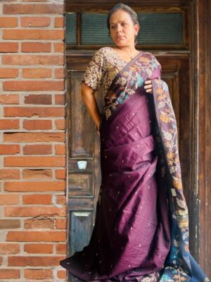 Maroon and Blue Linen Jamdani Saree