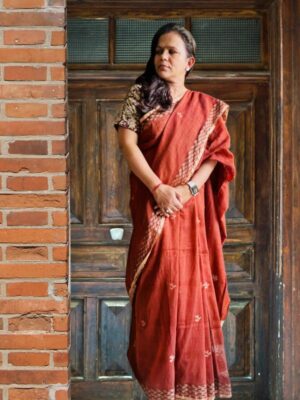 Rust Red Linen Jamdani Saree