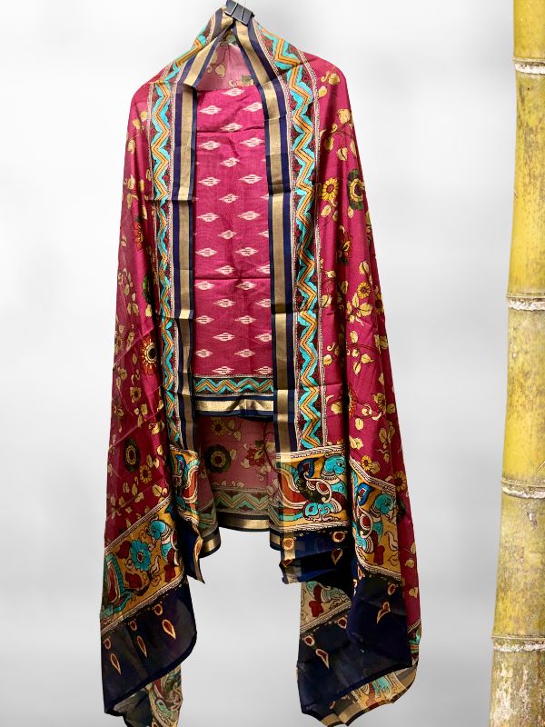 Pink Kalamkari cotton silk dress material by Orange Hues