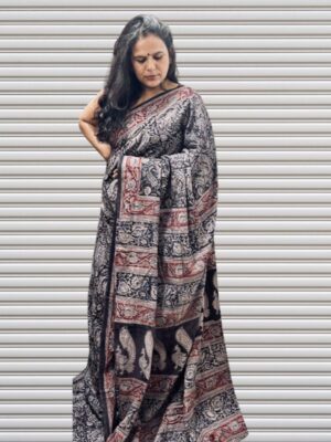 Black and Red Kalamkari Cotton Saree | Handcrafted Luxury by Orange Hues (Copy)